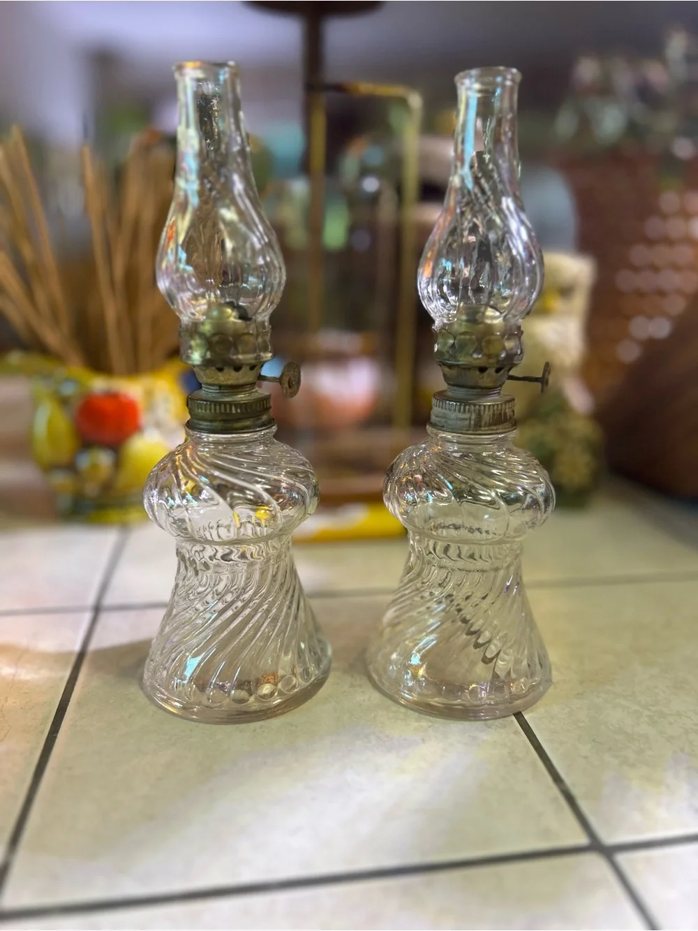 Pair of vintage clear glass miniature hurricane lamps
